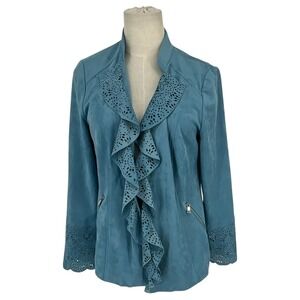 Chicos Teal Blue Faux Suede Laser Cut Ruffle Open Front Jacket Size 0 Sm 4